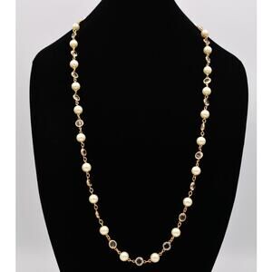 Bellagio USA Crystal Necklace Open Bezel Clear Pearl Gold Tone Signed 1980s Bin2